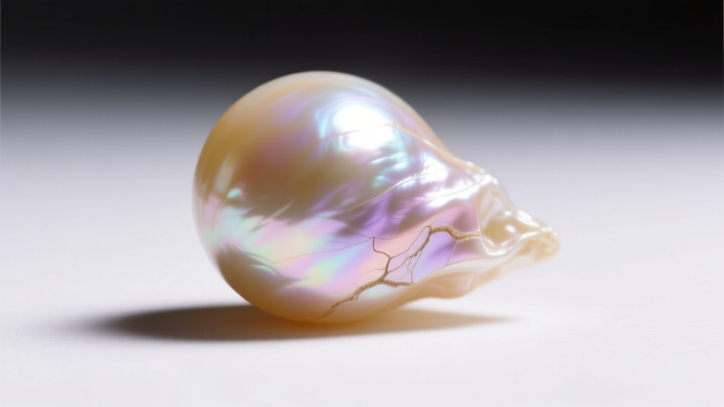 Macro photo of a 14mm baroque freshwater pearl with thick nacre, illuminated by directional studio light to show surface luster.