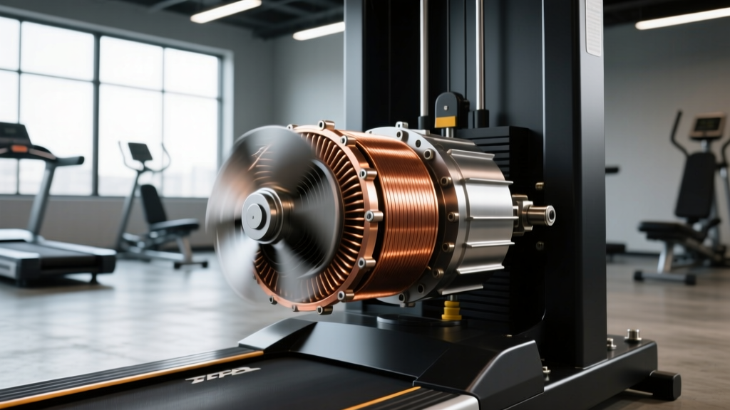 Close-up of a high-torque 3.0 CHP DC treadmill motor with exposed copper winding and cooling fan inside a commercial gym machine.