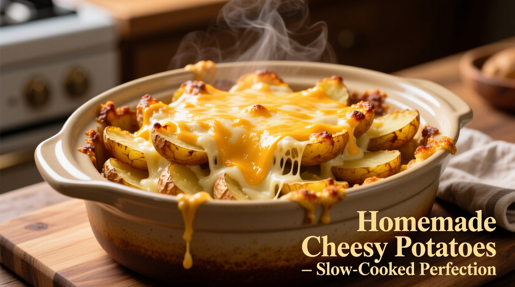 Golden crockpot cheesy potatoes with melted cheese topping