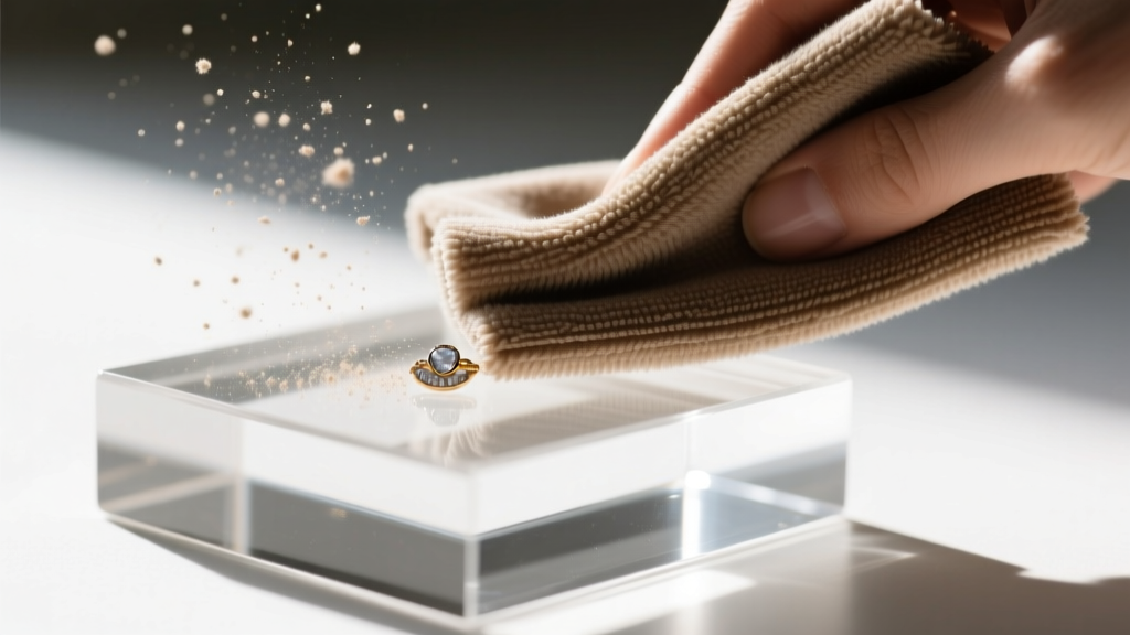 Macro shot of an anti-static cloth wiping a 5mm thick acrylic jewelry display stand, carefully removing fine dust particles.