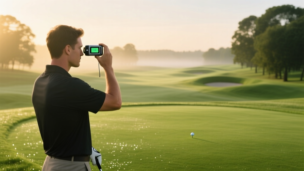 Golfer on a lush fairway holding a budget laser rangefinder to their eye, scanning pin distance in morning light.