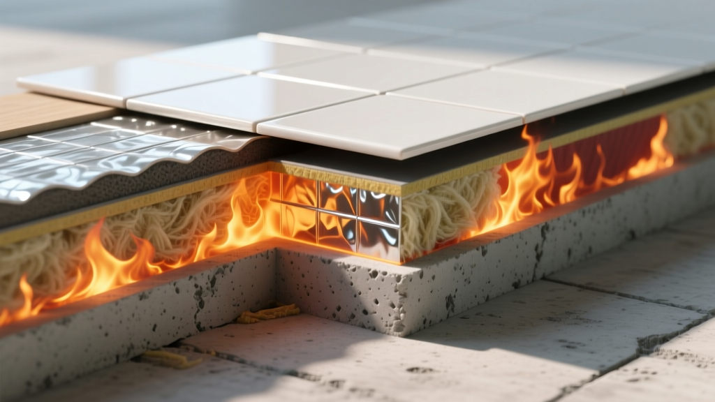 Cross-section diagram of fire-resistant porcelain tile installation over a concrete subfloor showing thermal barrier properties