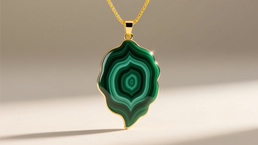 Macro photo of polished malachite leaf pendant with concentric green banding hanging from a delicate 0.9mm yellow gold rope chain.