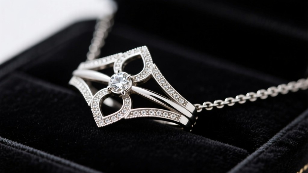 Macro shot of a 1920s platinum necklace clasp on dark velvet, showing an early spring ring mechanism and fine milgrain detail.