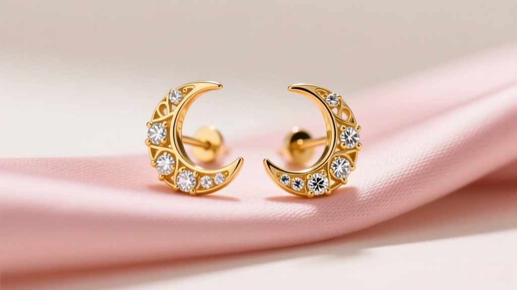 Close-up of 14k yellow gold crescent moon stud earrings with pavé lab diamonds on pink silk fabric under soft studio lighting.