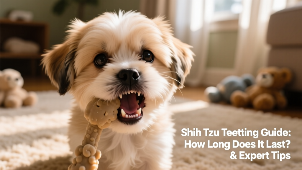 Close-up of a Shih Tzu puppy gently chewing on a soft rubber toy, mouth slightly open showing emerging teeth