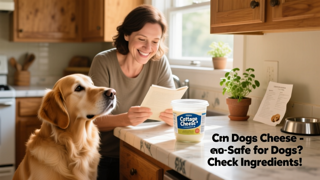 Dog owner reading label on cottage cheese container at kitchen counter