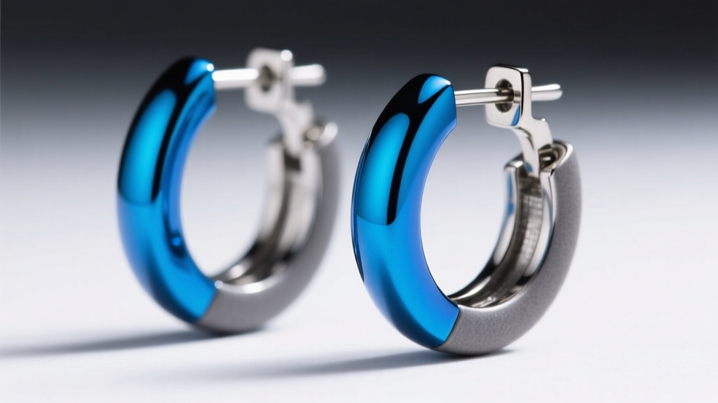Close-up of anodized blue niobium and matte titanium hoop wires showing seamless clasps under bright, directional studio lighting.