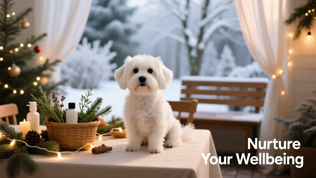 Small white dog sitting calmly on a festive table with holiday decorations