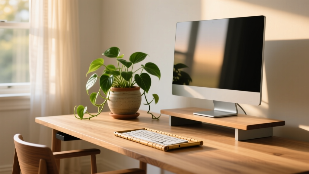 A bright, sunlit modern home office desk featuring a bamboo keyboard tray, a sleek recycled-plastic monitor, and a potted pothos plant.