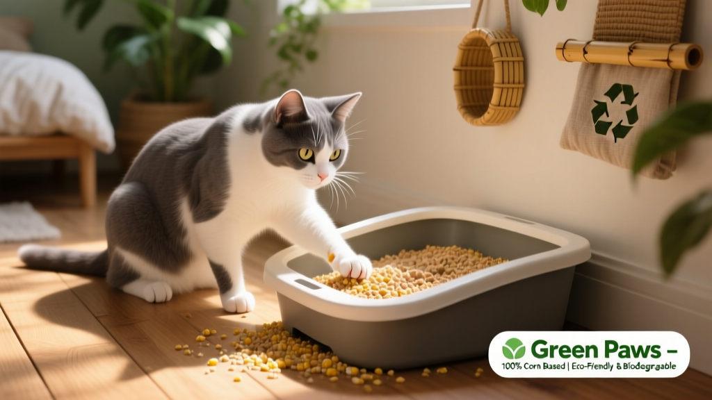 a gray and white cat in a corner litter box pawing at light brown corn-based litter