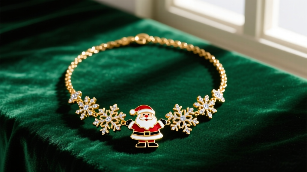 Flat lay of a gold-tone Betsey Johnson Christmas necklace with enamel Santa and rhinestone snowflake charms on dark green velvet.