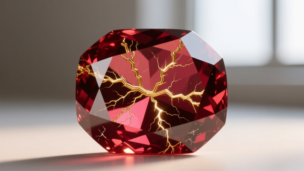 Close-up of a ruby showing natural rutile silk inclusions under a jeweler's loupe against a softly blurred dark velvet backdrop.