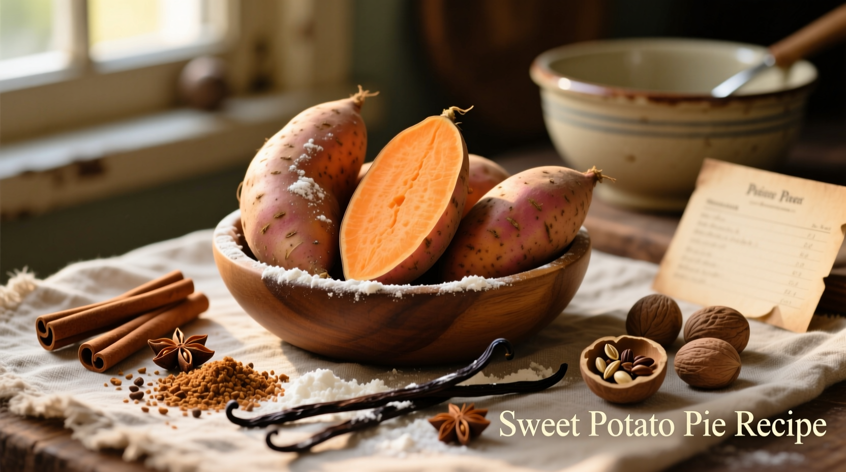 Fresh sweet potatoes and spices for pie making