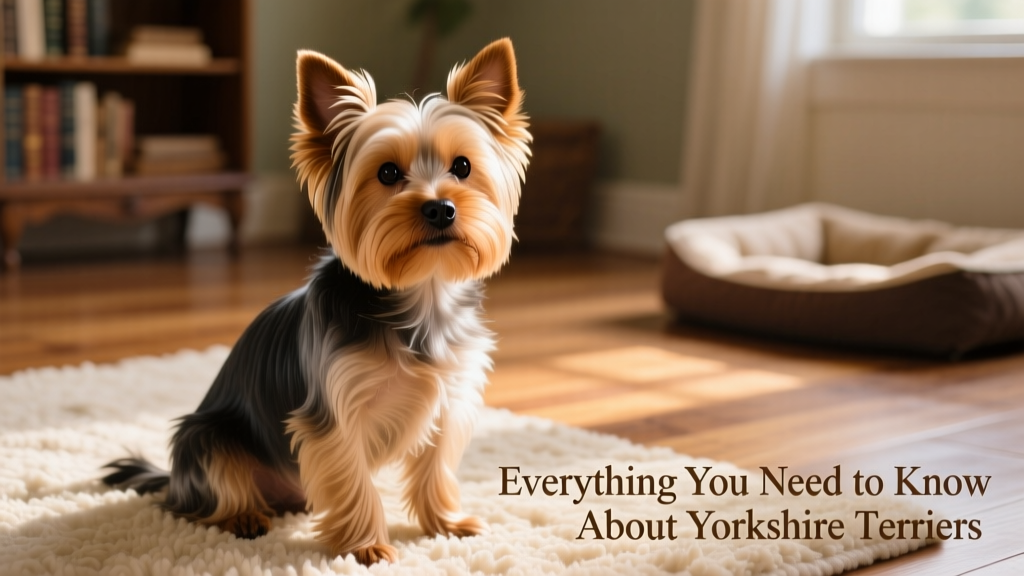A close-up portrait of a healthy, alert Yorkshire Terrier with a shiny, well-groomed coat, sitting confidently on a soft rug