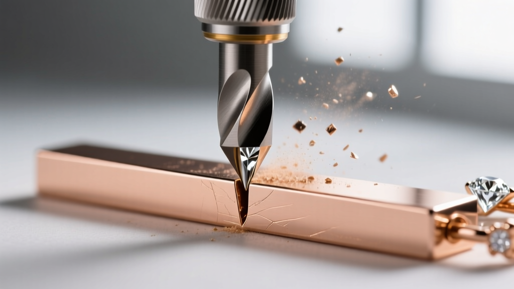 Macro shot of a diamond drag rotary engraving tool carving a deep groove into a solid 18k rose gold rectangular pendant bar