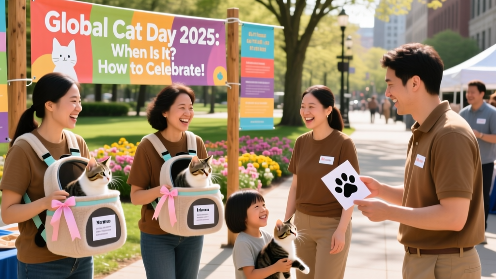 A vibrant community event with volunteers, adoptable cats in cozy carriers, and informational banners