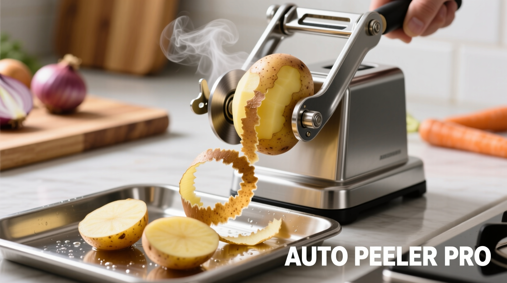 Automatic potato peeler in action with peeled vegetables