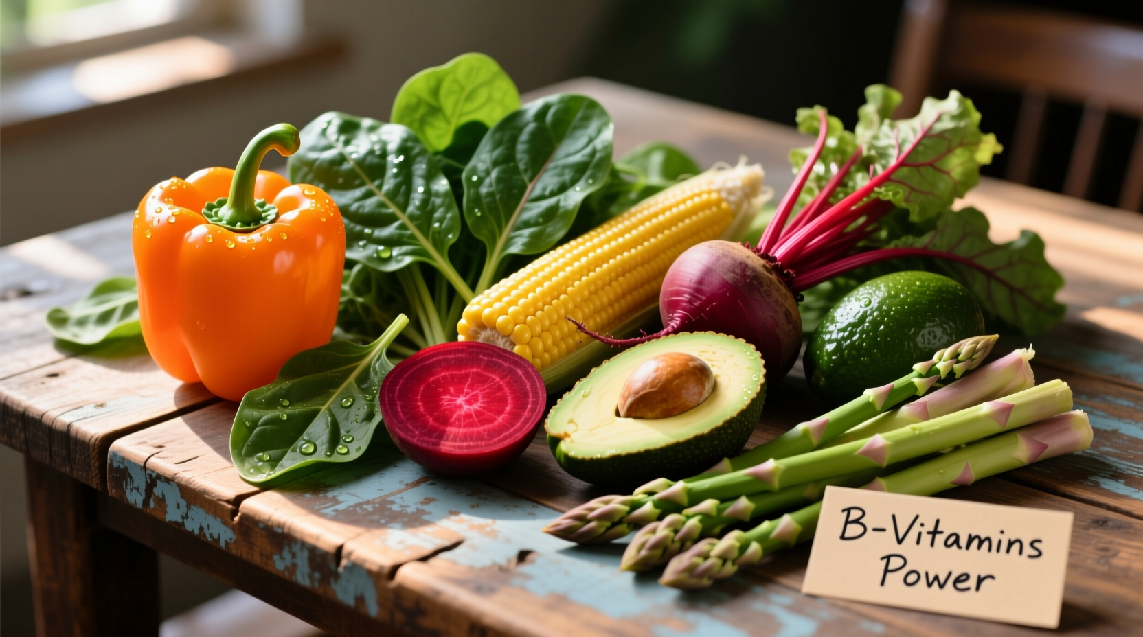 Colorful assortment of vitamin B-rich foods on wooden table