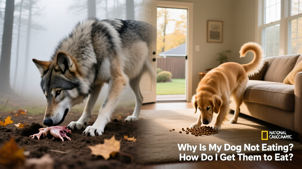 Side-by-side comparison: wild wolf burying food in dirt vs. domestic dog pushing kibble under couch cushion—illustrating instinct continuity
