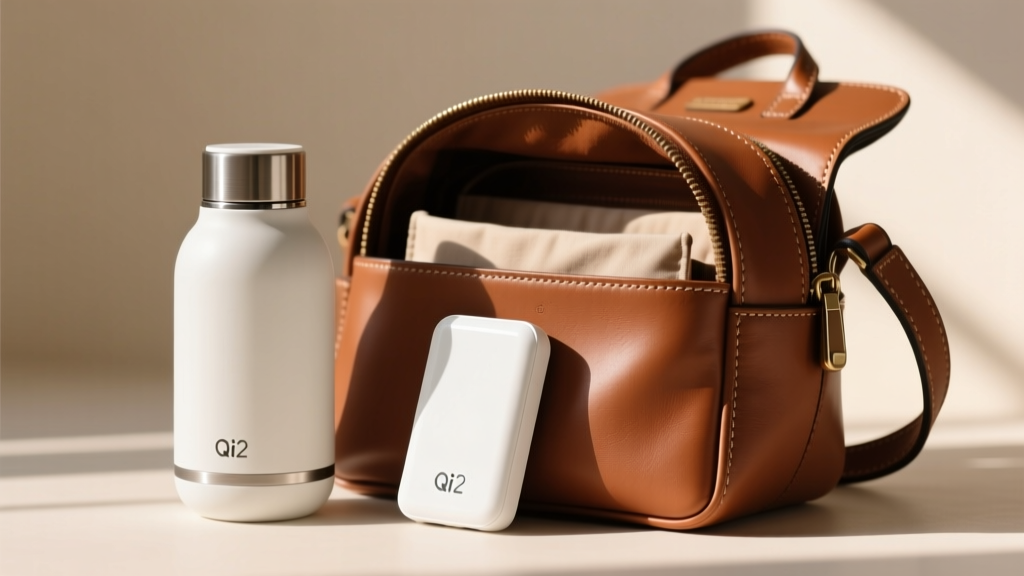 Close-up of a sleek portable bottle warmer and a Qi2 magnetic power bank resting inside a stylish, organized leather diaper bag.