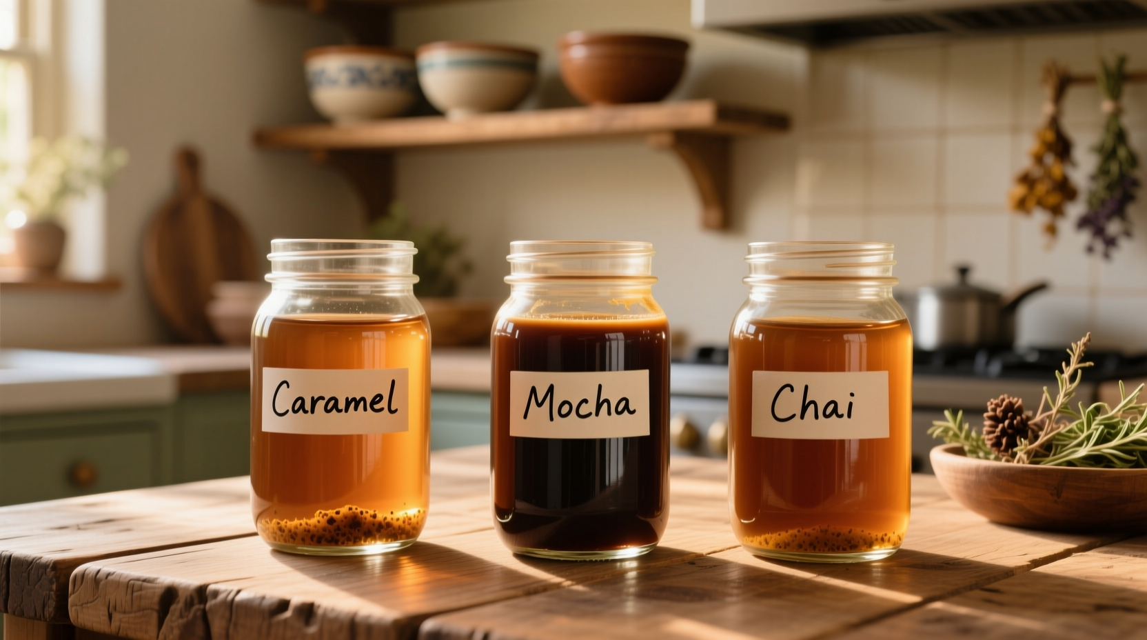 Homemade brown food dye in glass containers
