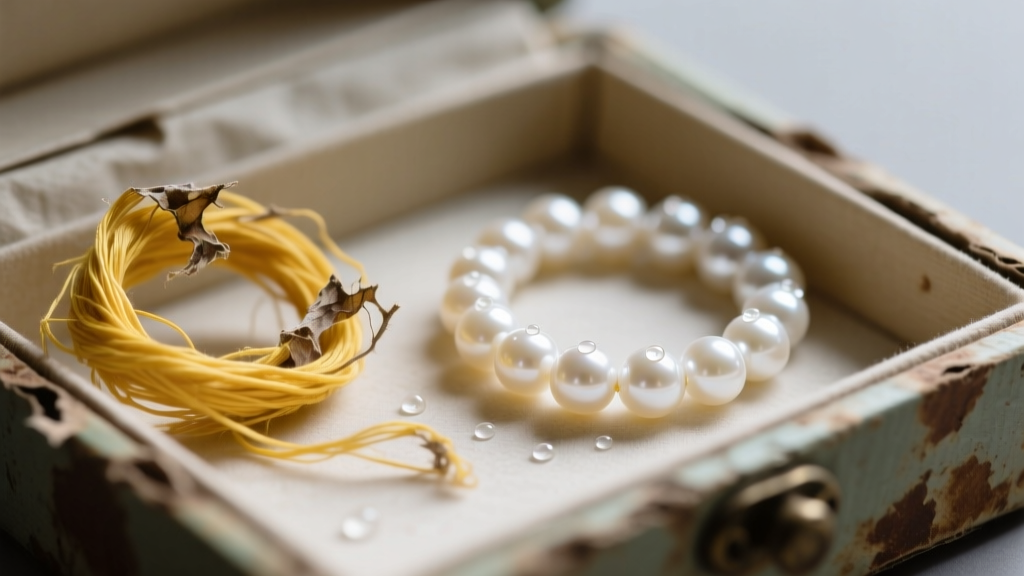Macro shot of degraded yellowed silk thread inside an acidic cardboard jewelry box next to a pristine white Akoya pearl strand
