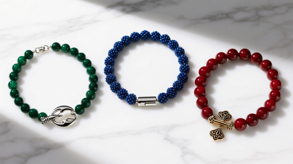 Overhead flat lay of three beaded chunky necklaces on white marble, showing a lobster clasp, magnetic clasp, and toggle.