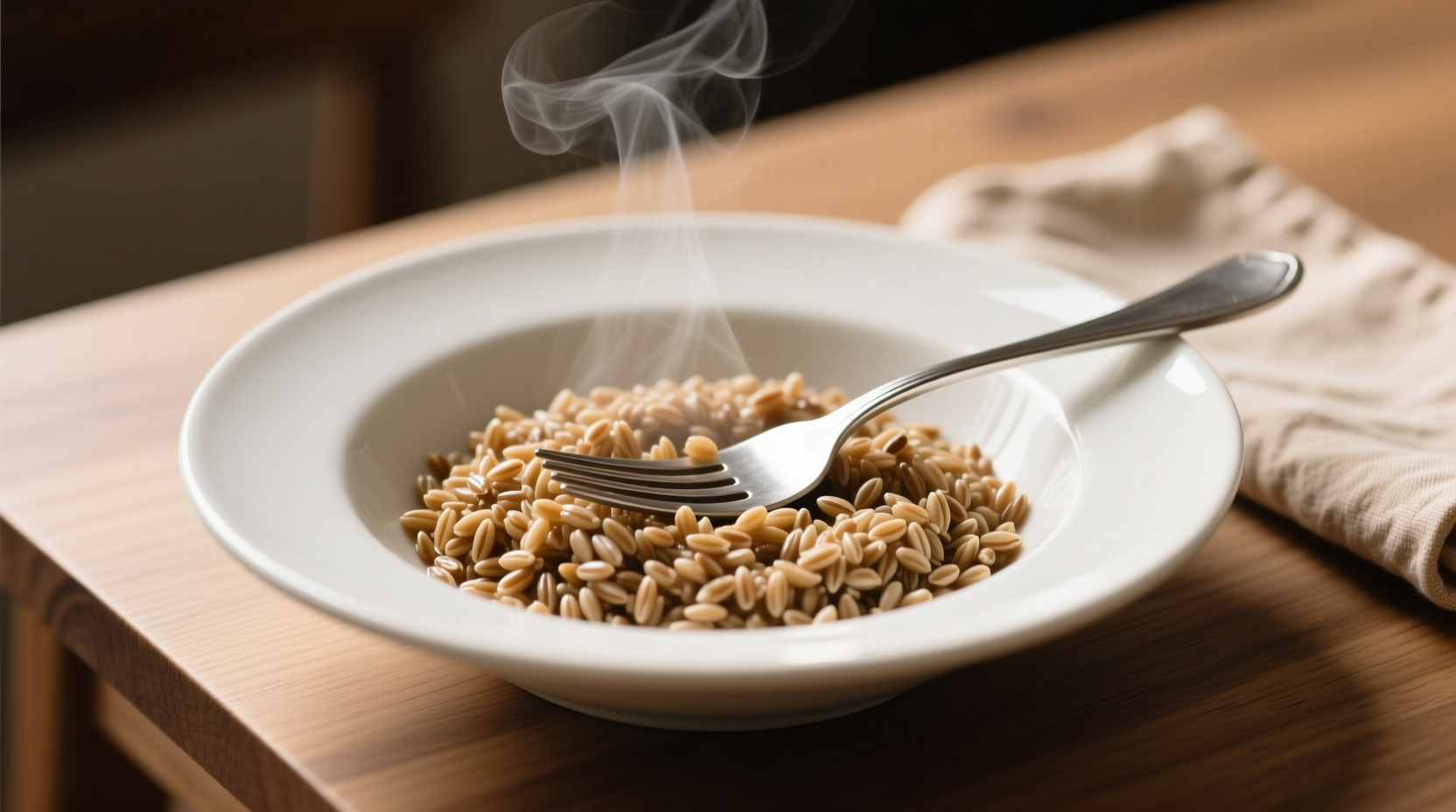 Perfectly cooked farro in white bowl with fork