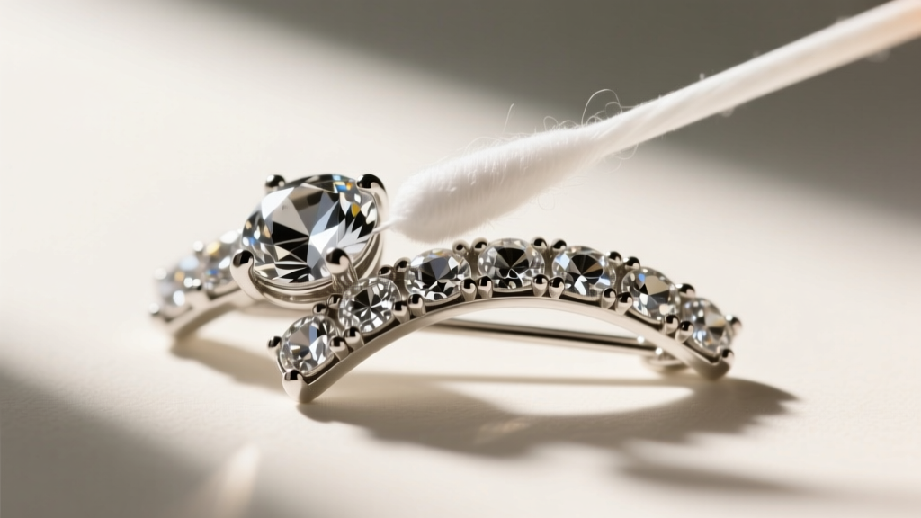 Macro shot of a cotton swab cleaning the prongs of a silver-tone zinc alloy brooch set with foil-backed acrylic gems