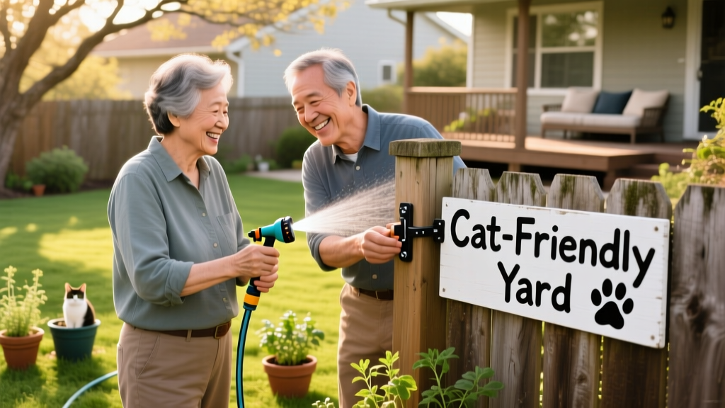 Two neighbors smiling while installing a motion-activated sprinkler together, with a 'Cat-Friendly Yard' sign visible on a fence post