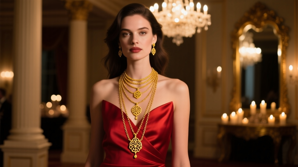 Woman in a crimson silk evening gown wearing layered 18k yellow gold pendant necklaces under warm, dim event lighting