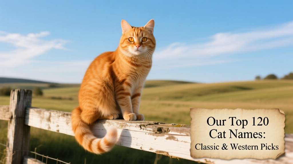 A ginger cat sitting confidently on a weathered wooden fence under a wide blue sky