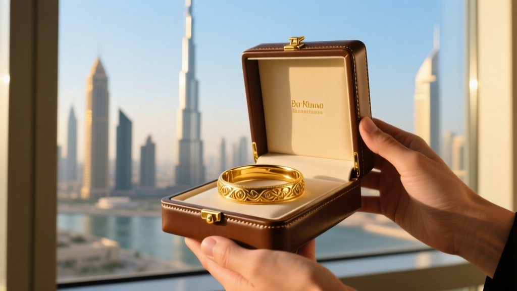Hands presenting a premium leather box containing a 21k gold bangle, with a blurred Dubai skyline visible through a glass window