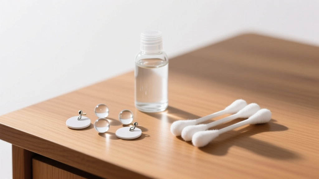 Distilled water, mild soap, and microfiber swabs arranged next to white poly-coated sublimation earring blanks on a wooden desk.