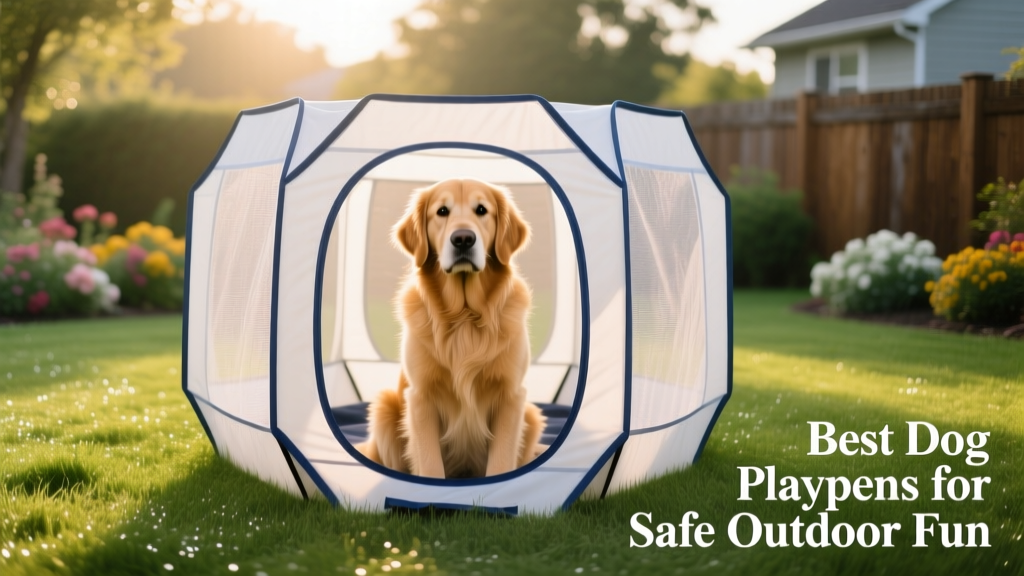 A golden retriever sitting calmly inside a soft-sided octagonal playpen set up on a grassy backyard lawn
