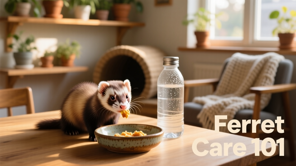 A ferret eating from a heavy ceramic dish next to a water bottle