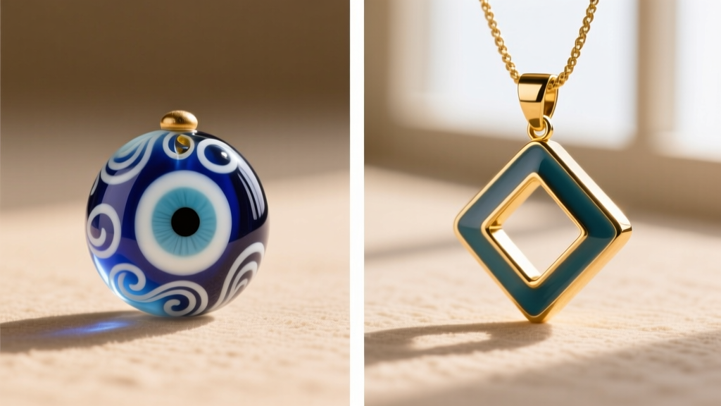 Side-by-side macro comparison of a traditional hand-blown Turkish glass evil eye bead and a modern vitreous enamel gold pendant.