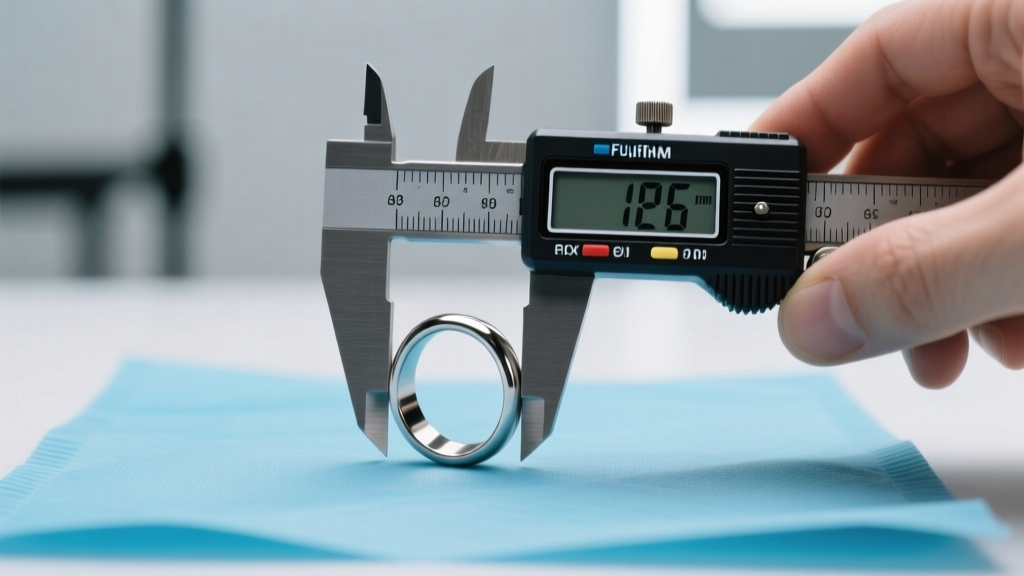 Piercer using digital calipers to measure the inner diameter of a titanium band hoop resting on a sterile blue medical mat.