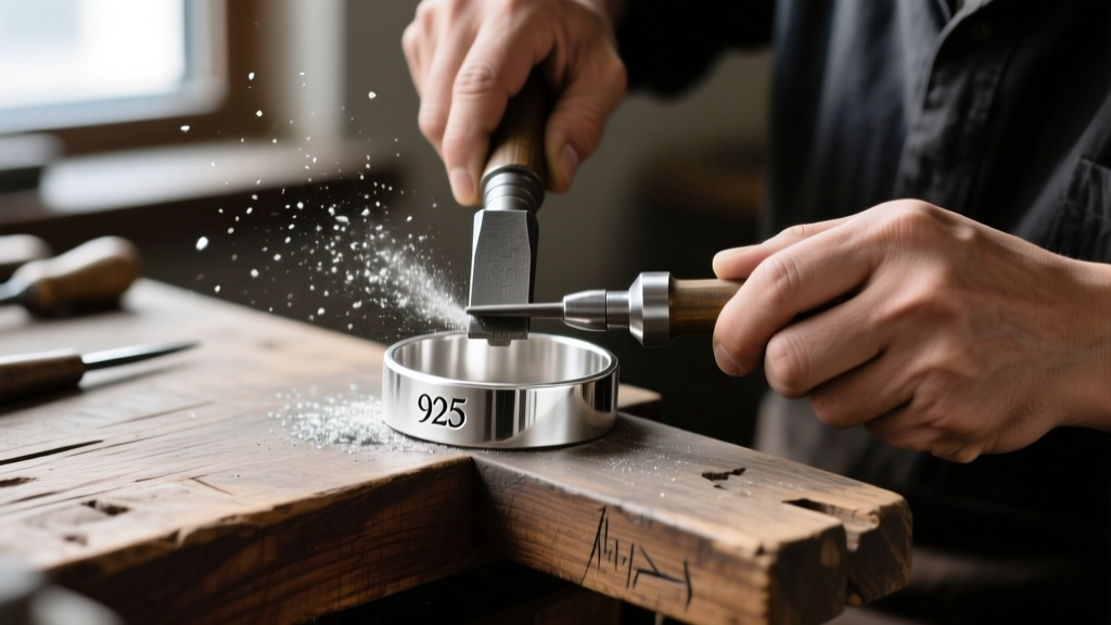 Artisan jeweler using a steel stamping tool to strike a 925 hallmark into a raw silver cuff bracelet on a worn wooden workbench.