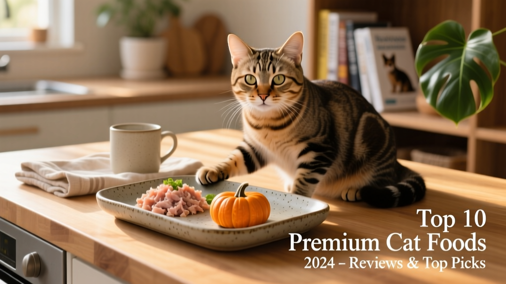 A sleek, modern FurPetVo Fresh meal tray with minced turkey and pumpkin, served in a ceramic dish beside a content cat