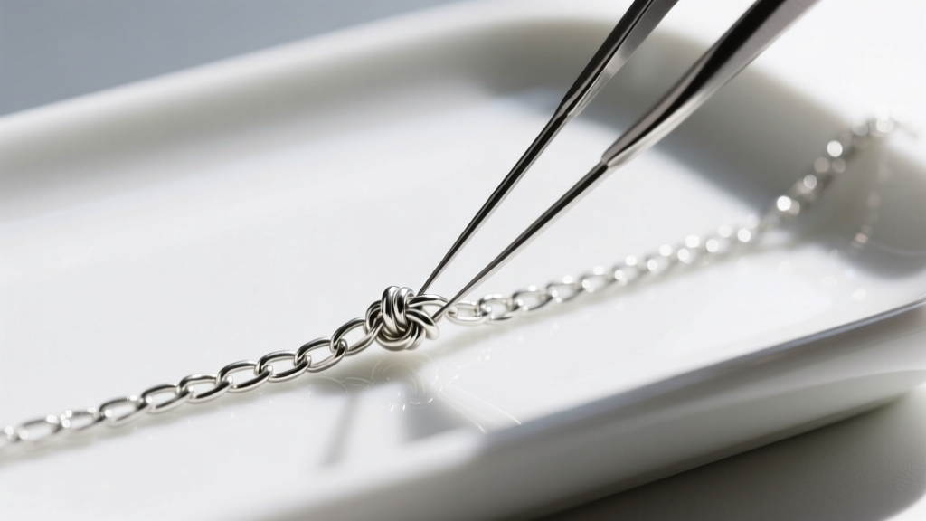 Two fine sewing needles gently working apart a tangled knot in a delicate silver box chain on a white ceramic jewelry tray.