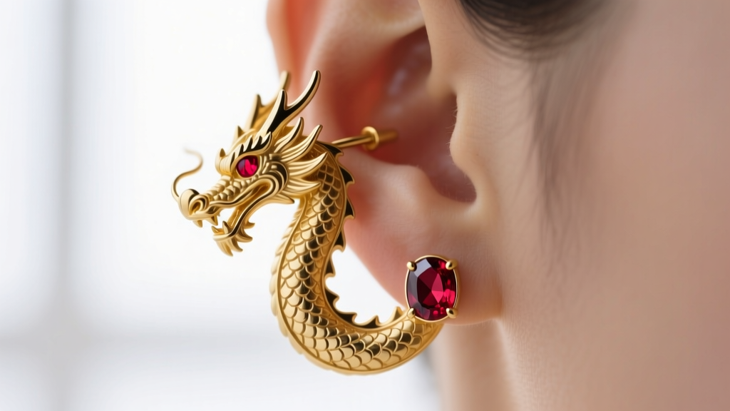 Macro shot of an 18k yellow gold dragon earring wrapping the earlobe, showing intricate hand-engraved scales and ruby eyes