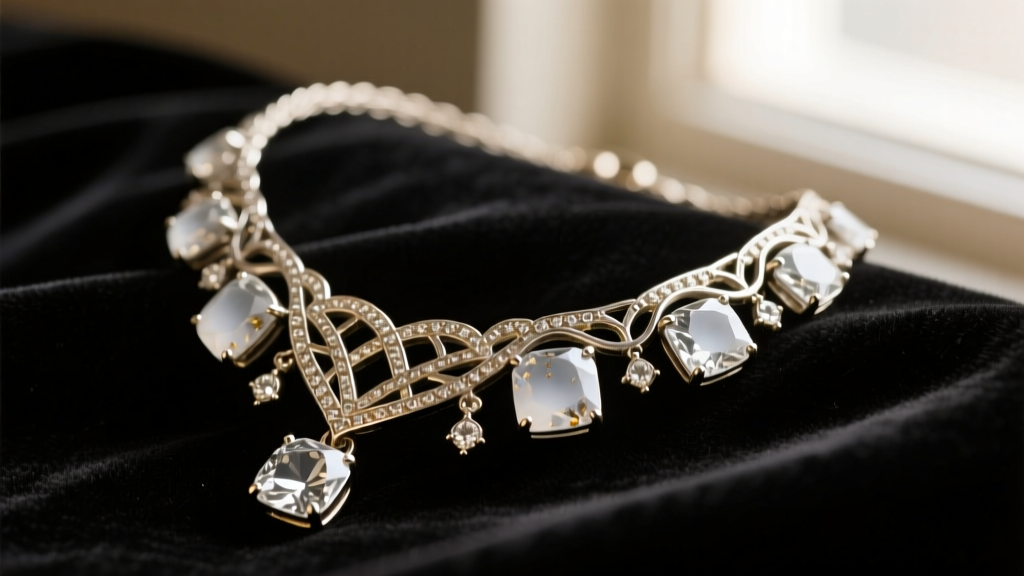 Macro photography of a tarnished silver bling necklace with cloudy cubic zirconia stones resting on dark velvet