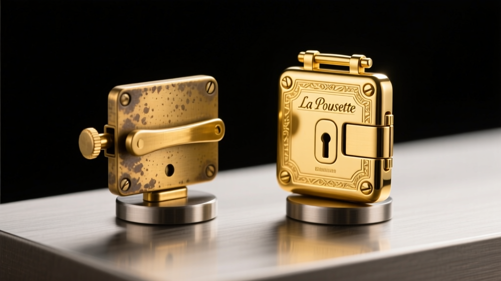 Close-up of a standard brass push-back and a premium 18k gold La Pousette locking back on a steel jeweler's bench block