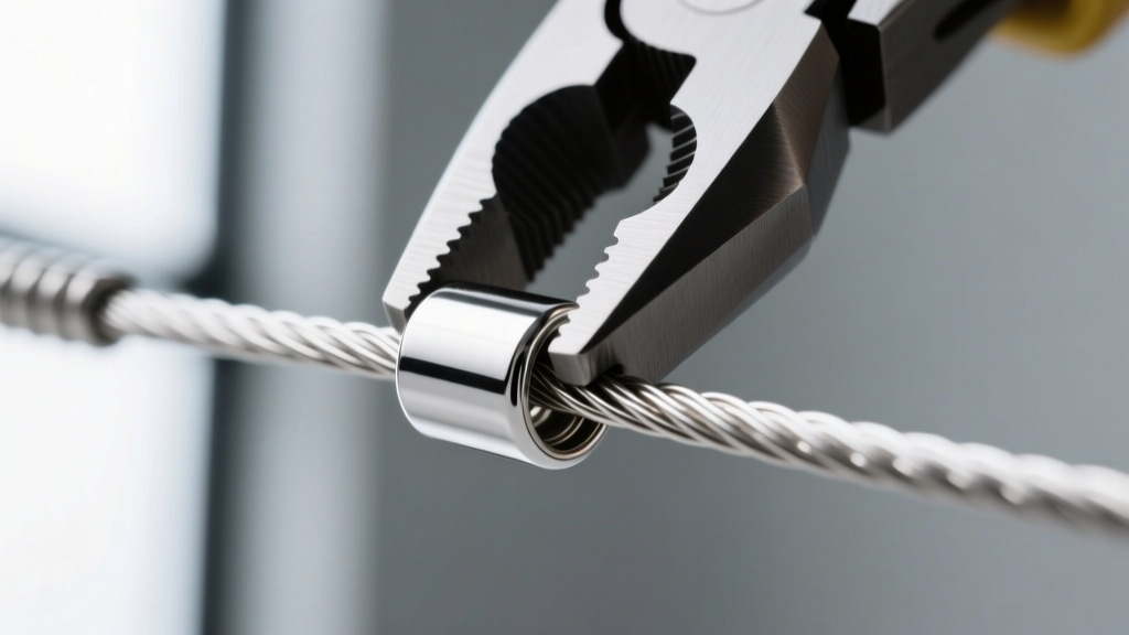 Macro view of a sterling silver crimp tube compressed by micro-crimping pliers over a 49-strand stainless steel beading wire
