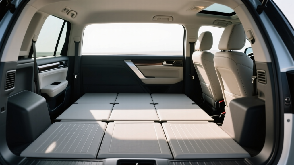 Interior cargo space of the Toyota Highlander Hybrid with third-row seats folded flat to demonstrate maximum storage volume capacity