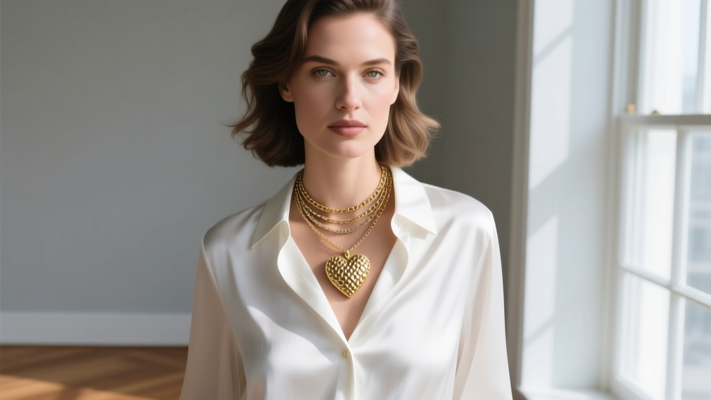 Woman wearing a layered necklace stack featuring a textured Judith Ripka heart pendant over a crisp white silk button-down blouse