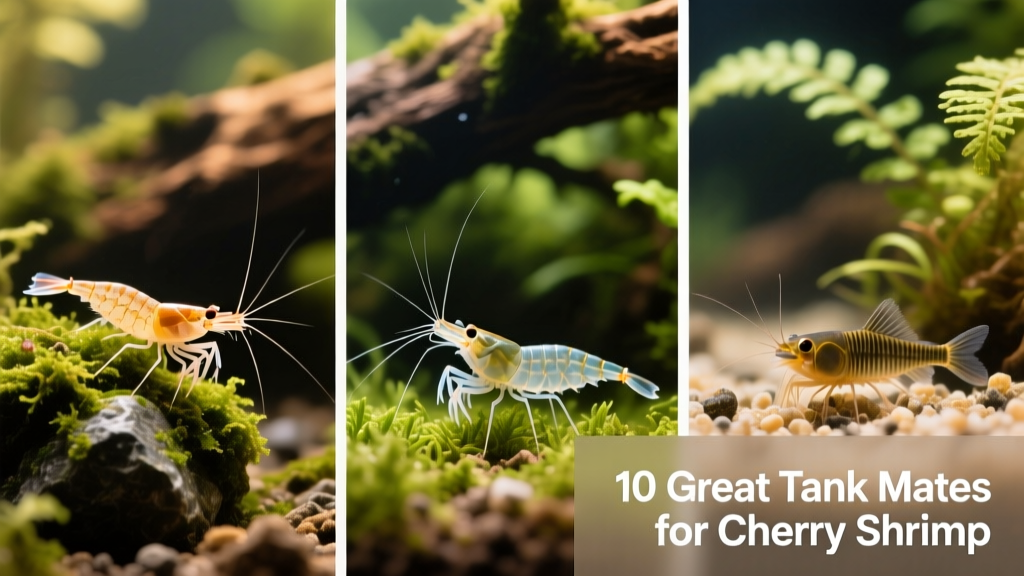 Side-by-side comparison of cherry shrimp, amano shrimp, and pygmy corydoras interacting peacefully in a planted aquarium