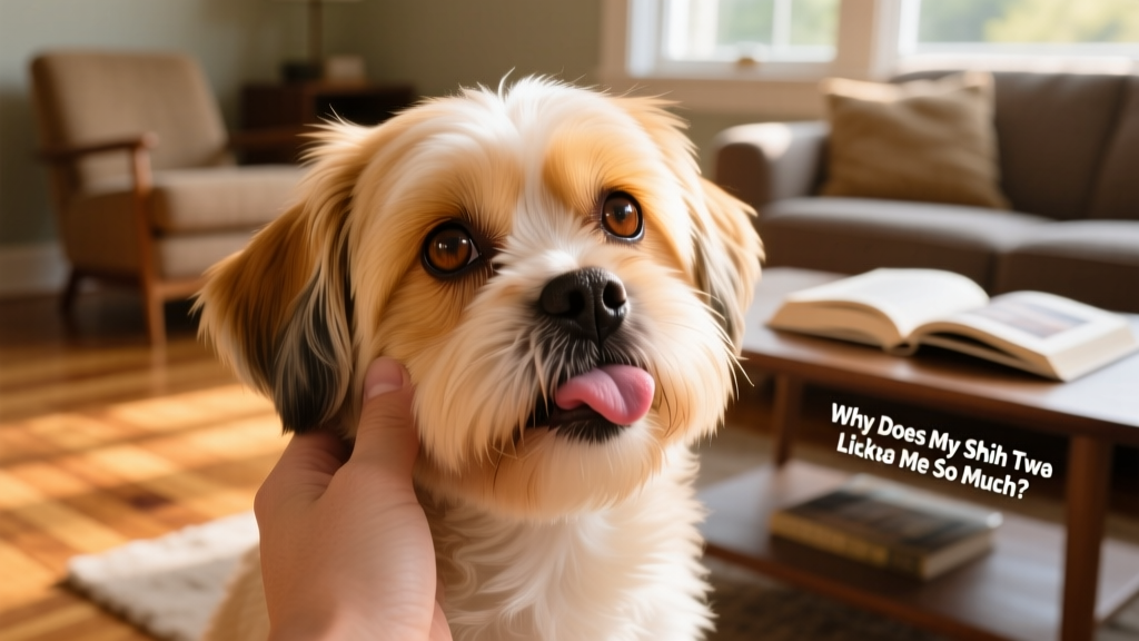 Close-up of a Shih Tzu’s face with soft eyes and tongue extended toward its owner’s cheek